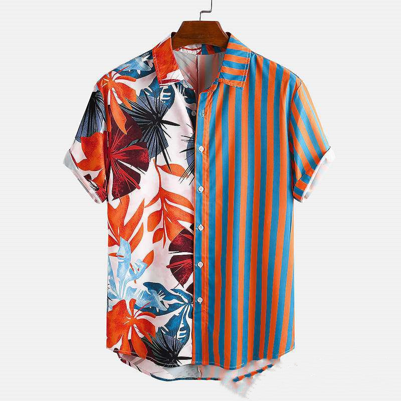 Printed Short Sleeved Shirts Striped Beach Men's Shirts